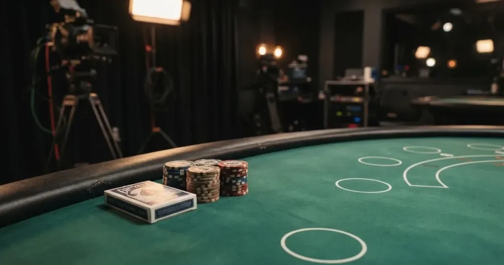 En studiomiljö med ett tomt spelbord täckt i grön filt, kortlekar och marker prydligt uppradade i mjuk belysning.