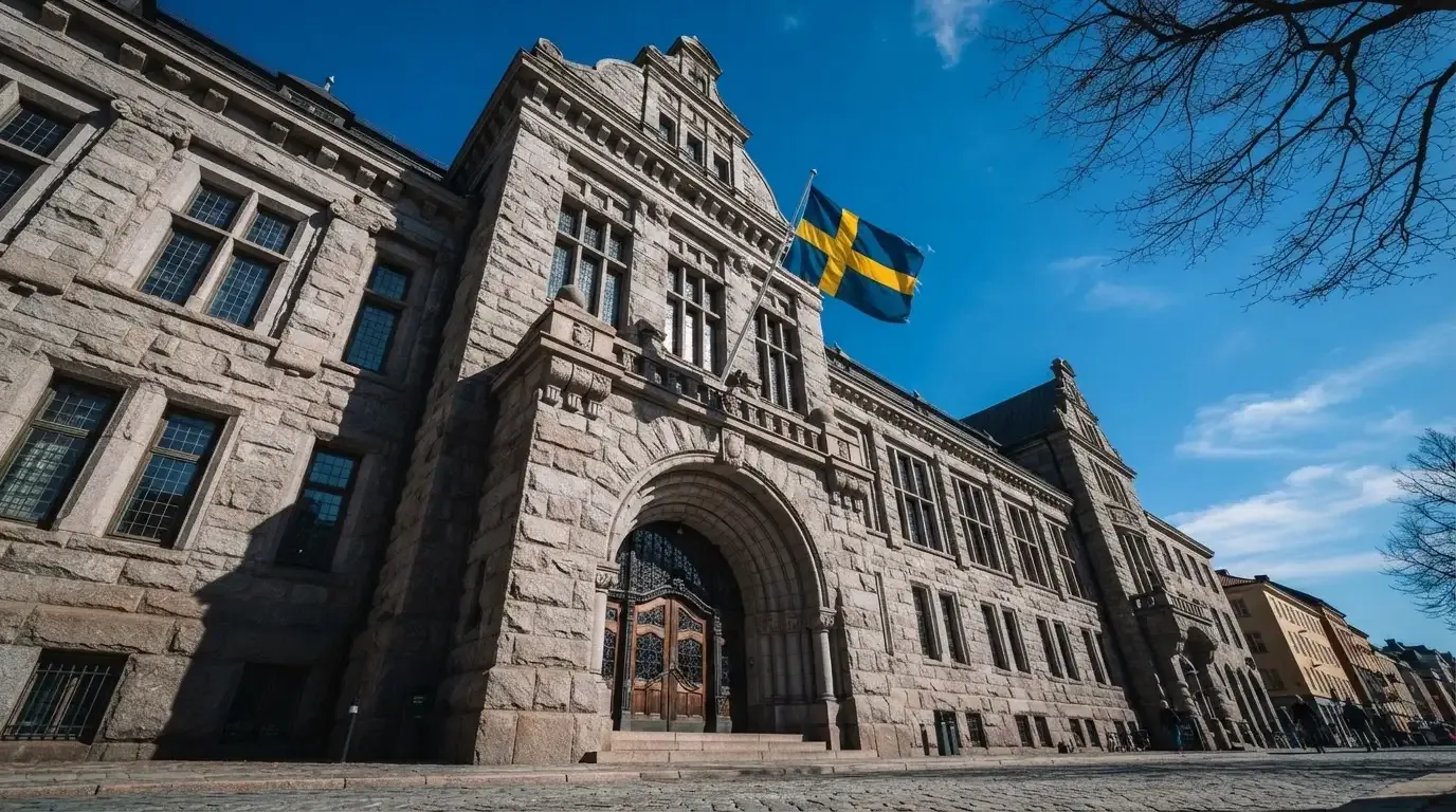 Ett gammalt stadshus i sten fotograferat underifrån mot en klarblå himmel, med den svenska flaggan som fladdrar ovanför entrén.