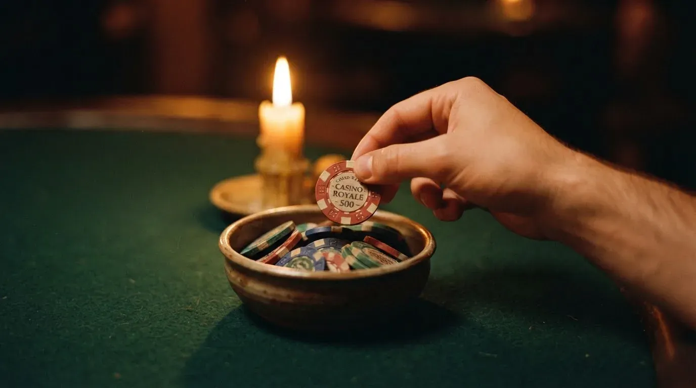En hand lyfter en spelmark ur en skål, ljuslågan färgar bordet gyllenbrunt — casinon med roulette i sverige