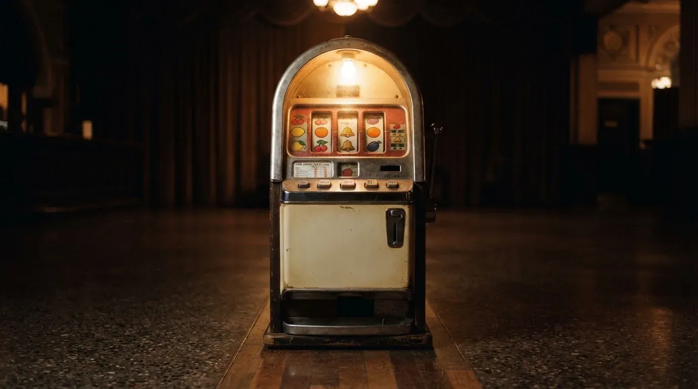 En gammal spelautomat lyser i den dunkla hallen och speglar sig i golvet — casinon med slots i sverige