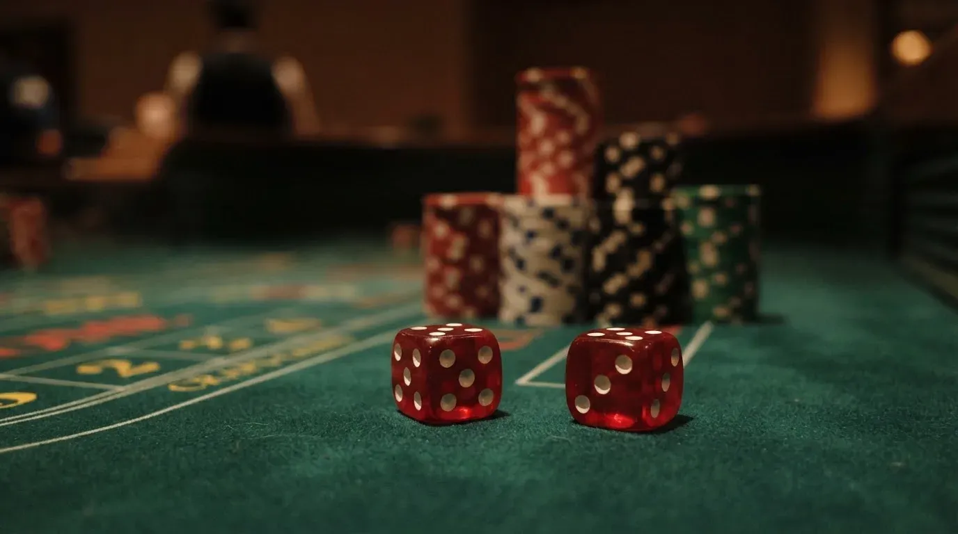 Röda tärningar vilar på grönt filt, bakom dem suddiga torn av spelmarker i kvällsdunklet — casinon med spelautomater i sverige