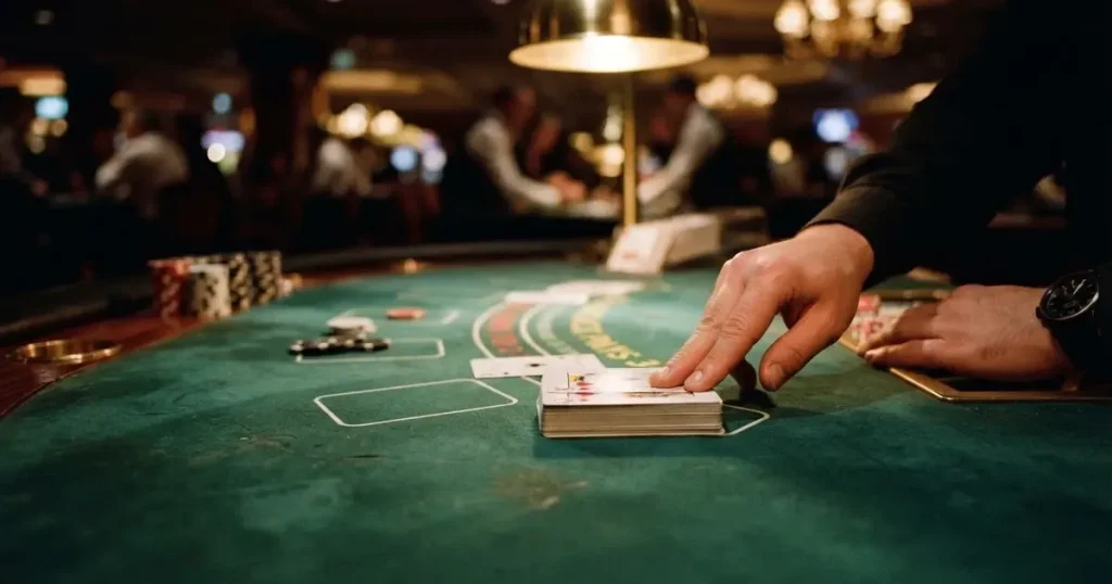 Croupierens händer blandar kort på grönt filt, taklampan speglas i den blanka kortbunten — casinon med spelautomater i sverige