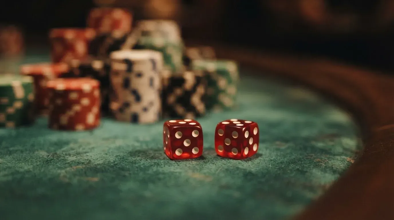 Röda tärningar vilar på grönt filt, bakom dem suddiga torn av spelmarker i kvällsdunklet — casinon med uttag i sverige