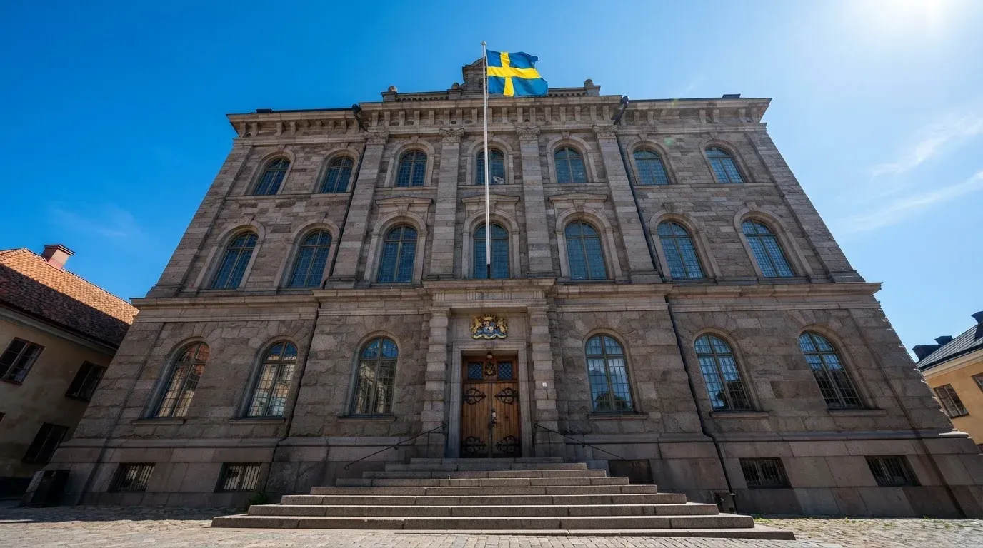 Ett gammalt stadshus i sten fotograferat underifrån mot en klarblå himmel, med den svenska flaggan som fladdrar ovanför entrén.