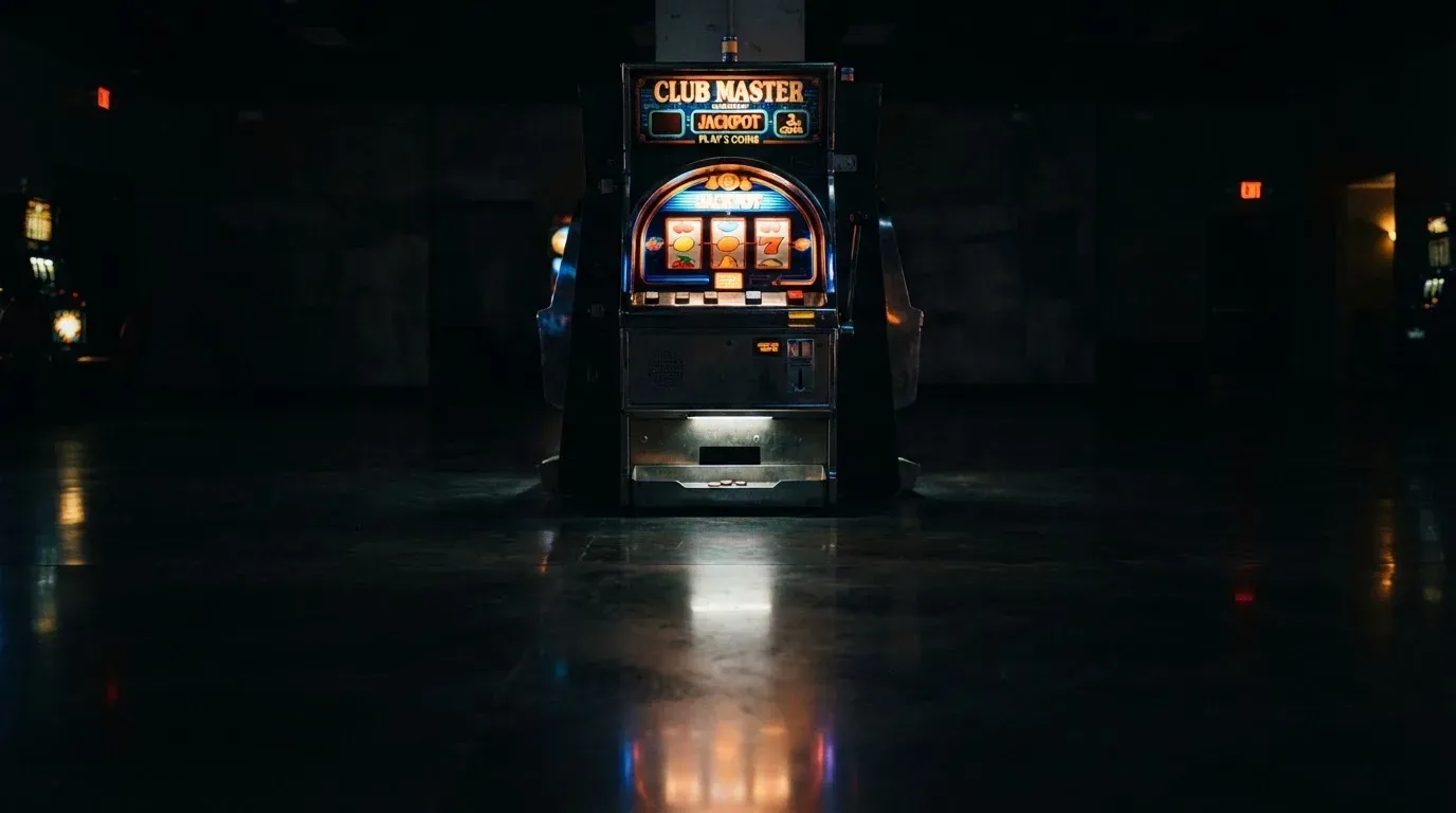 En gammal spelautomat lyser i den dunkla hallen och speglar sig i golvet — casinon med välkomsterbjudande