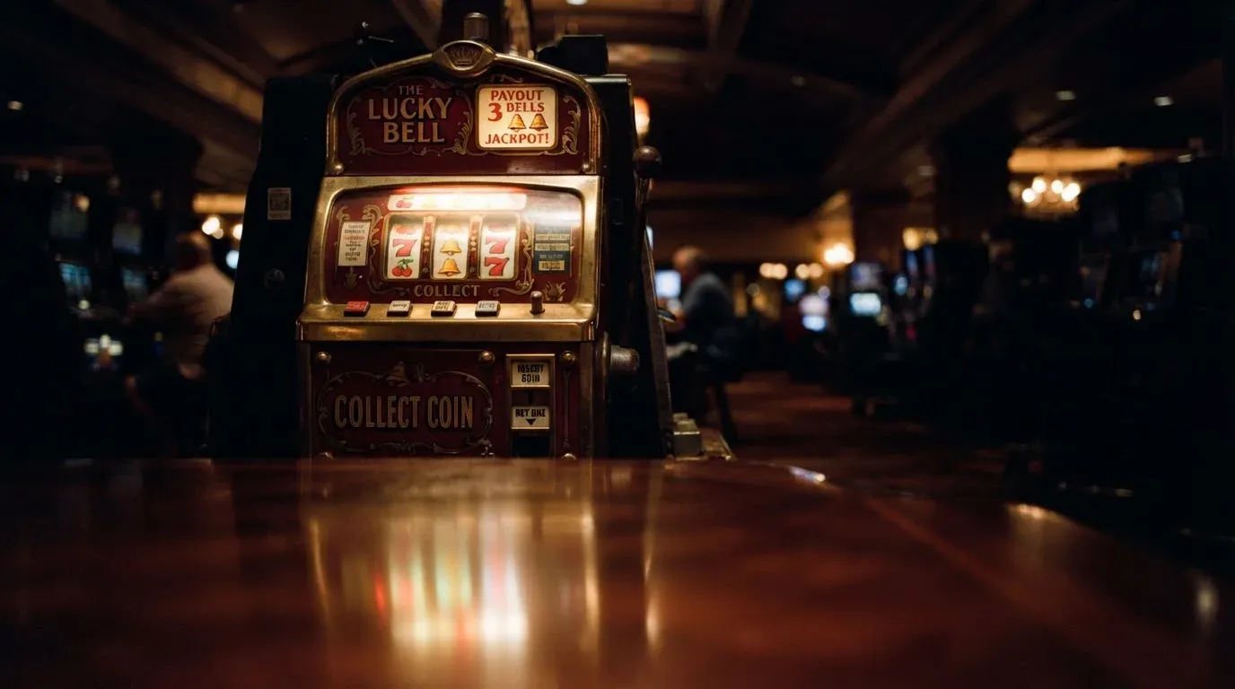 En gammal spelautomat lyser i den dunkla hallen och speglar sig i golvet — casinon utan bankid i sverige
