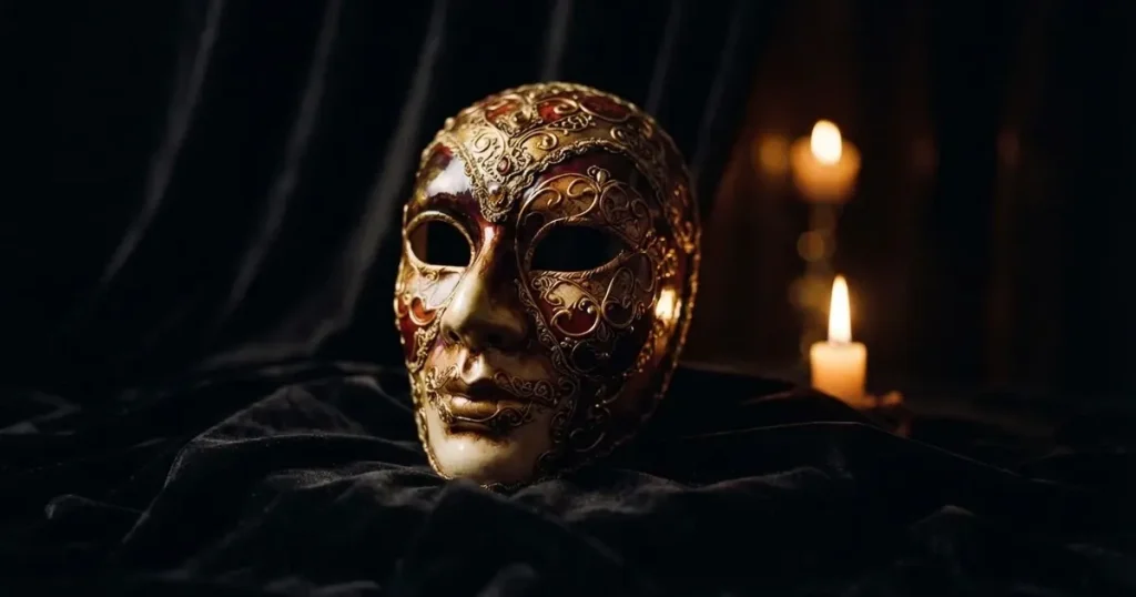 En venetiansk mask på svart sammet, ljuslågan speglas i dess blanka yta — casinon utan bankid i sverige
