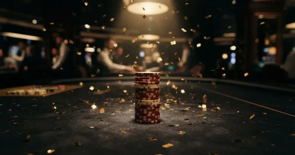 Guldkonfetti faller över spelmarker på ett svart bord, en ljuskägla träffar högens topp — casinon utan insättning i sverige