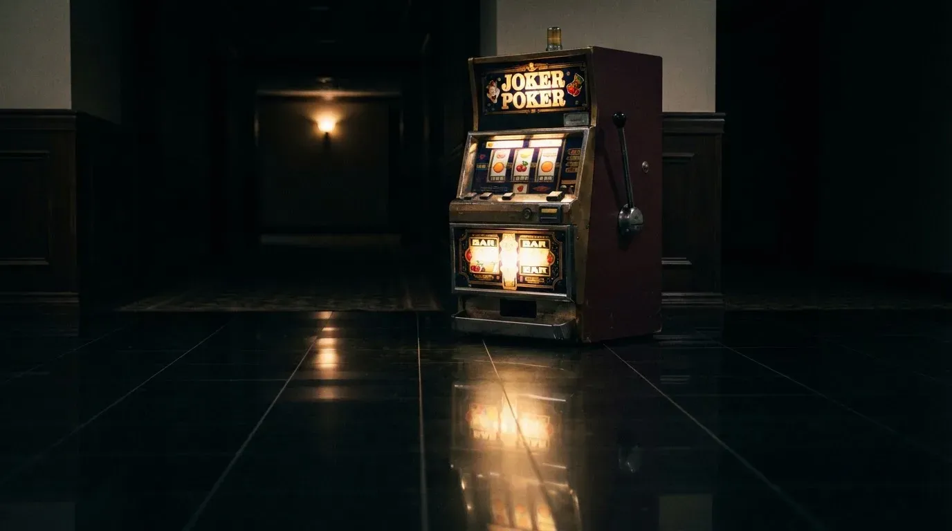 En gammal spelautomat lyser i den dunkla hallen och speglar sig i golvet — casinon utan omsättningskrav