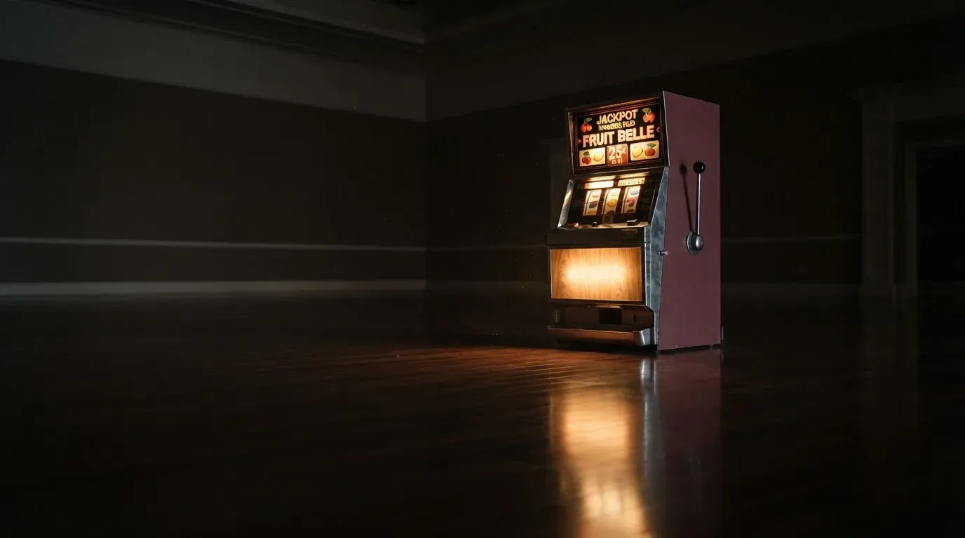 En gammal spelautomat lyser i den dunkla hallen och speglar sig i golvet — casinon utan spelgräns i sverige