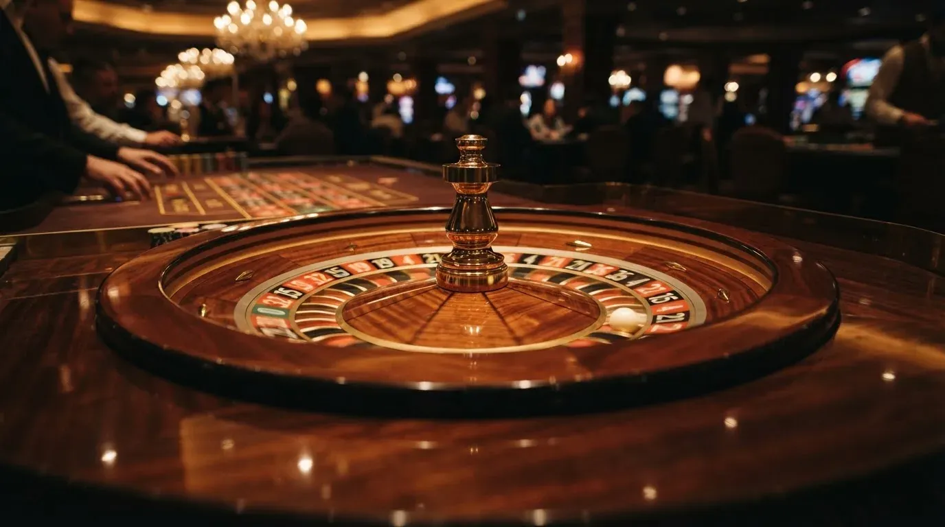 Ett roulettehjul snurrar på ett blankt träbord, den vita kulan glimmar i takljusets guld — casinon utomlands för svenskar