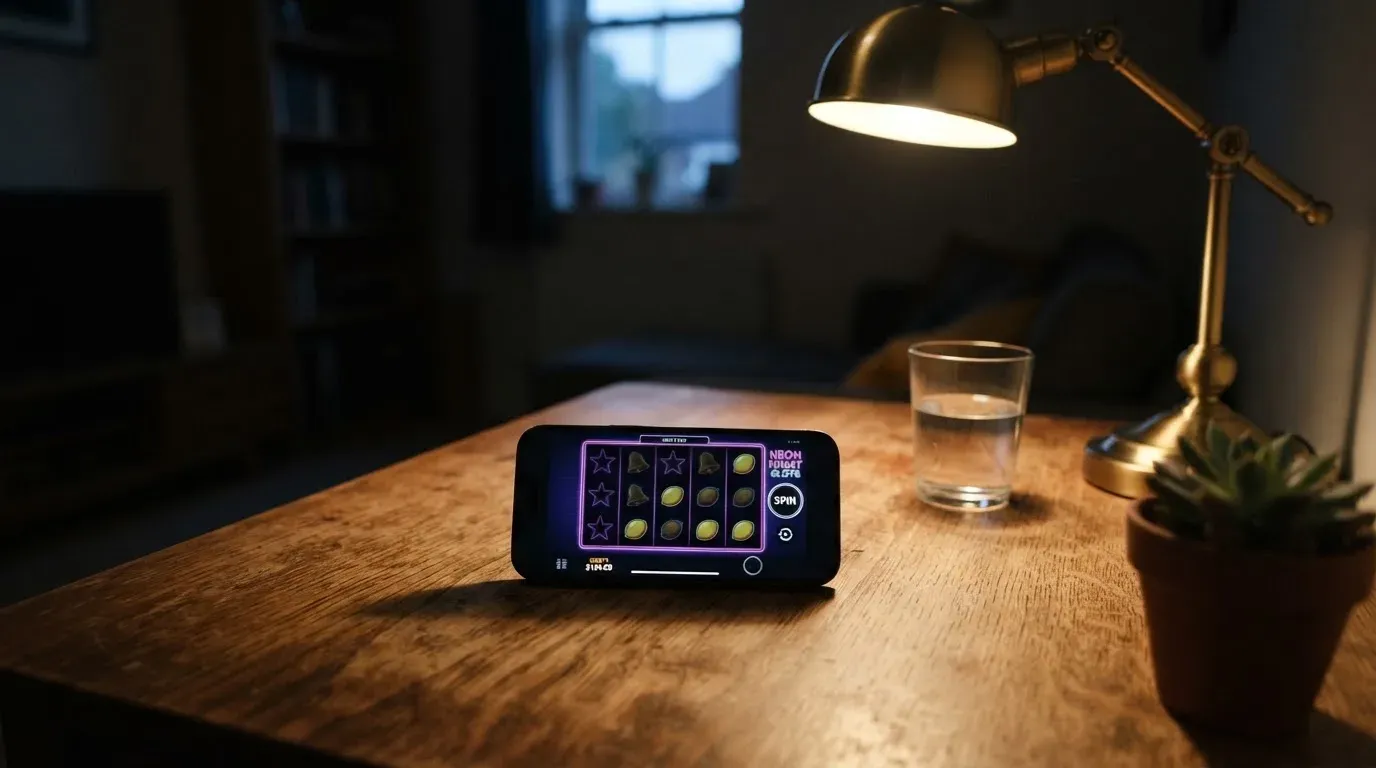 En skrivbordslampa lyser upp ett vattenglas och en kruka, rummet bakom mörknar sakta — casinon utomlands för svenskar