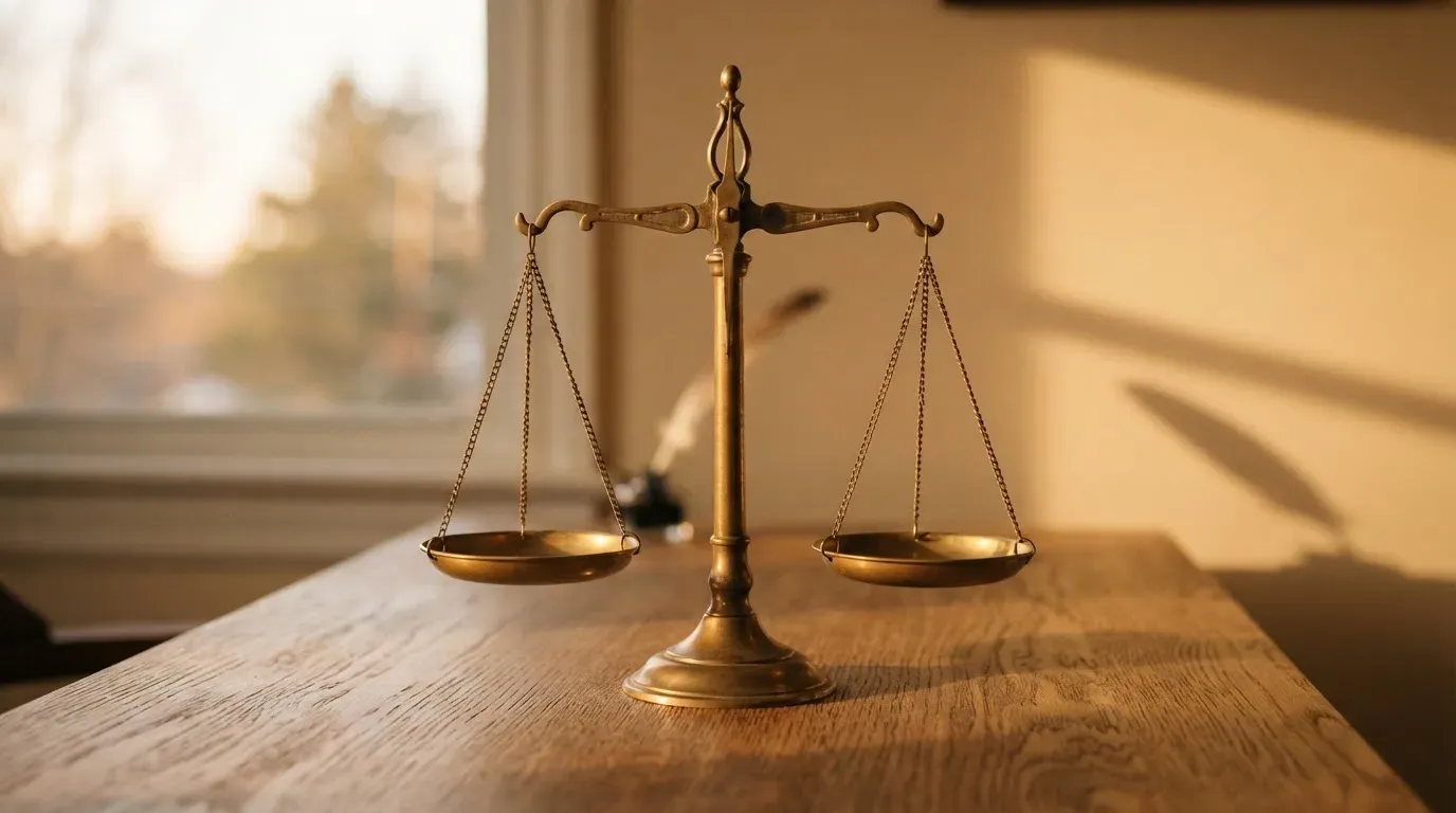 En balansvåg på ett träskrivbord, skålarna i jämvikt, gulaktigt kvällsljus från fönstret — casinospel i sverige