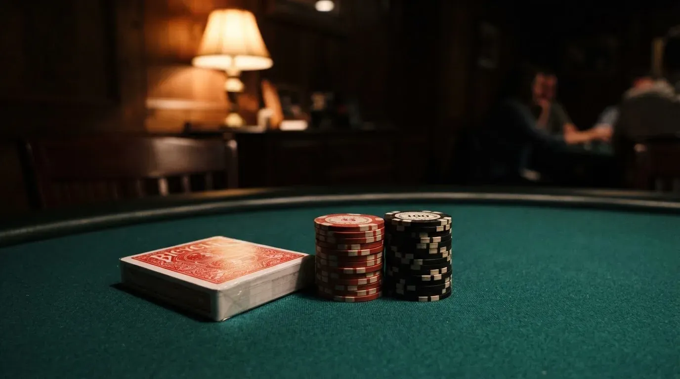 Kortlek och staplar av spelmarker på ett grönt filtbord i en dunkel salong, varmt lampsken — casinostugan för svenskar