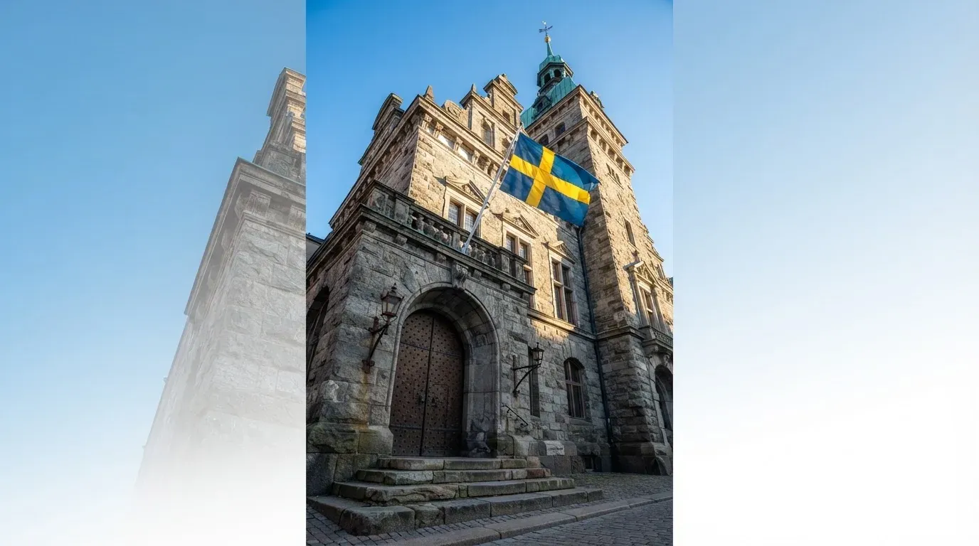 Ett gammalt stadshus i sten fotograferat underifrån mot en klarblå himmel, med den svenska flaggan som fladdrar ovanför entrén.