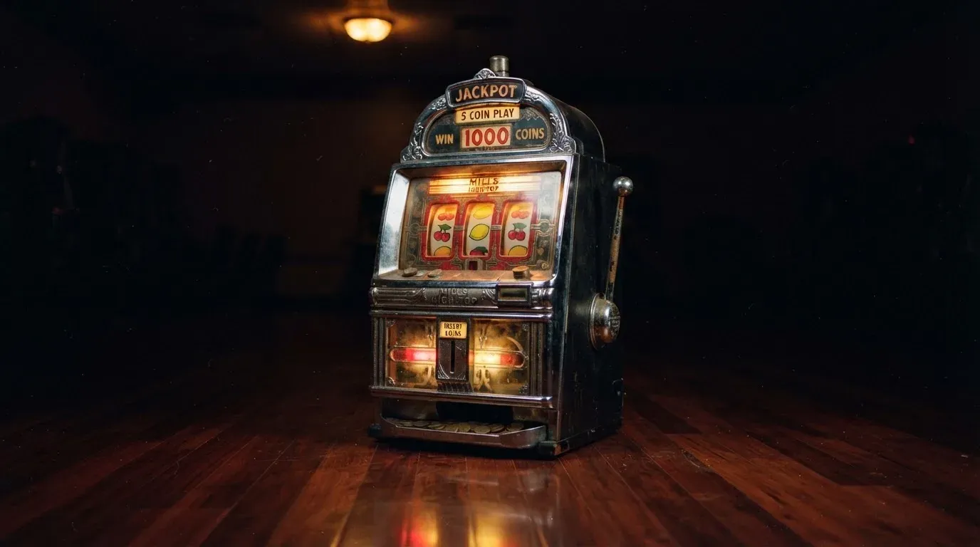 En gammal spelautomat lyser i den dunkla hallen och speglar sig i golvet — hur fungerar casino på nätet