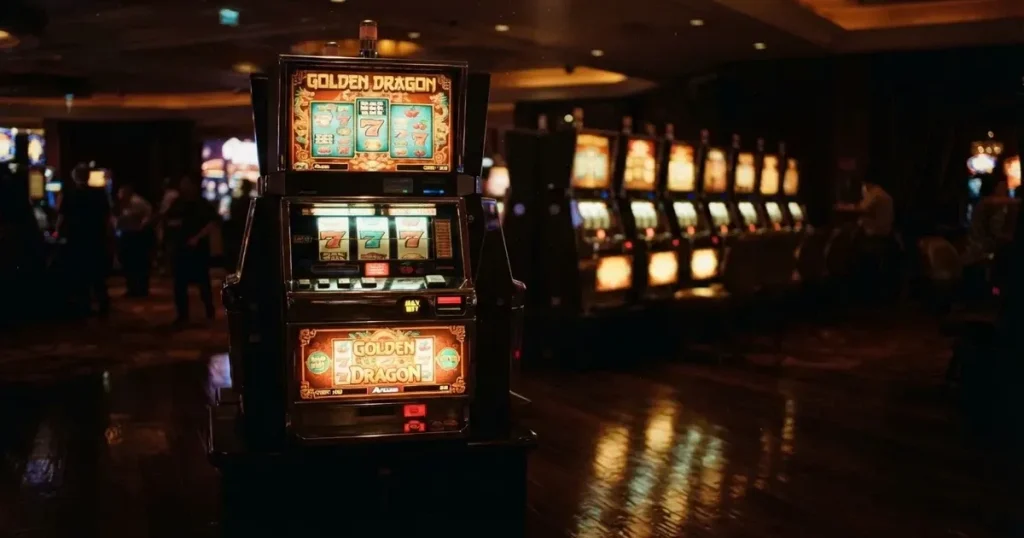 En rad spelskåp i en dunkel hall, rullarna lyser i olika färger och golvet speglar dem — hur fungerar casino på nätet