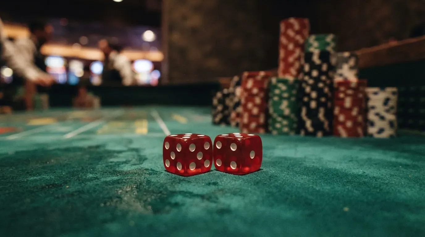 Röda tärningar vilar på grönt filt, bakom dem suddiga torn av spelmarker i kvällsdunklet — hur man vinner på casino