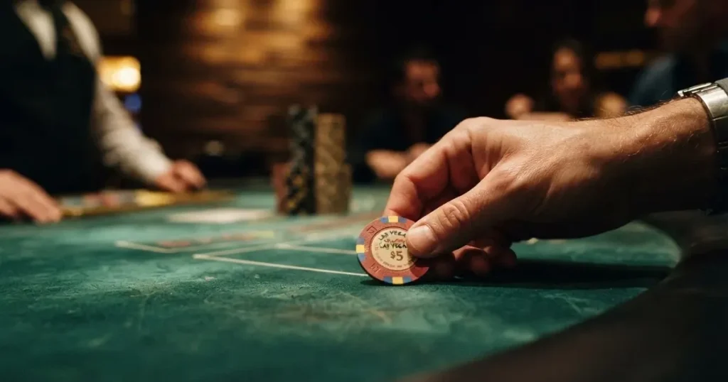 En hand skjuter en spelmark över filten, ljuset träffar fingrarna och markernas kanter glänser — hur man vinner på casino