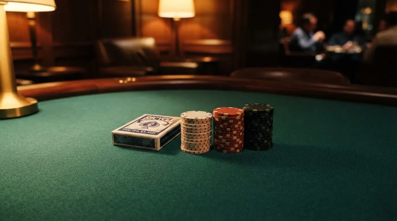 Kortlek och staplar av spelmarker på ett grönt filtbord i en dunkel salong, varmt lampsken — jämförelse av casinon i sverige