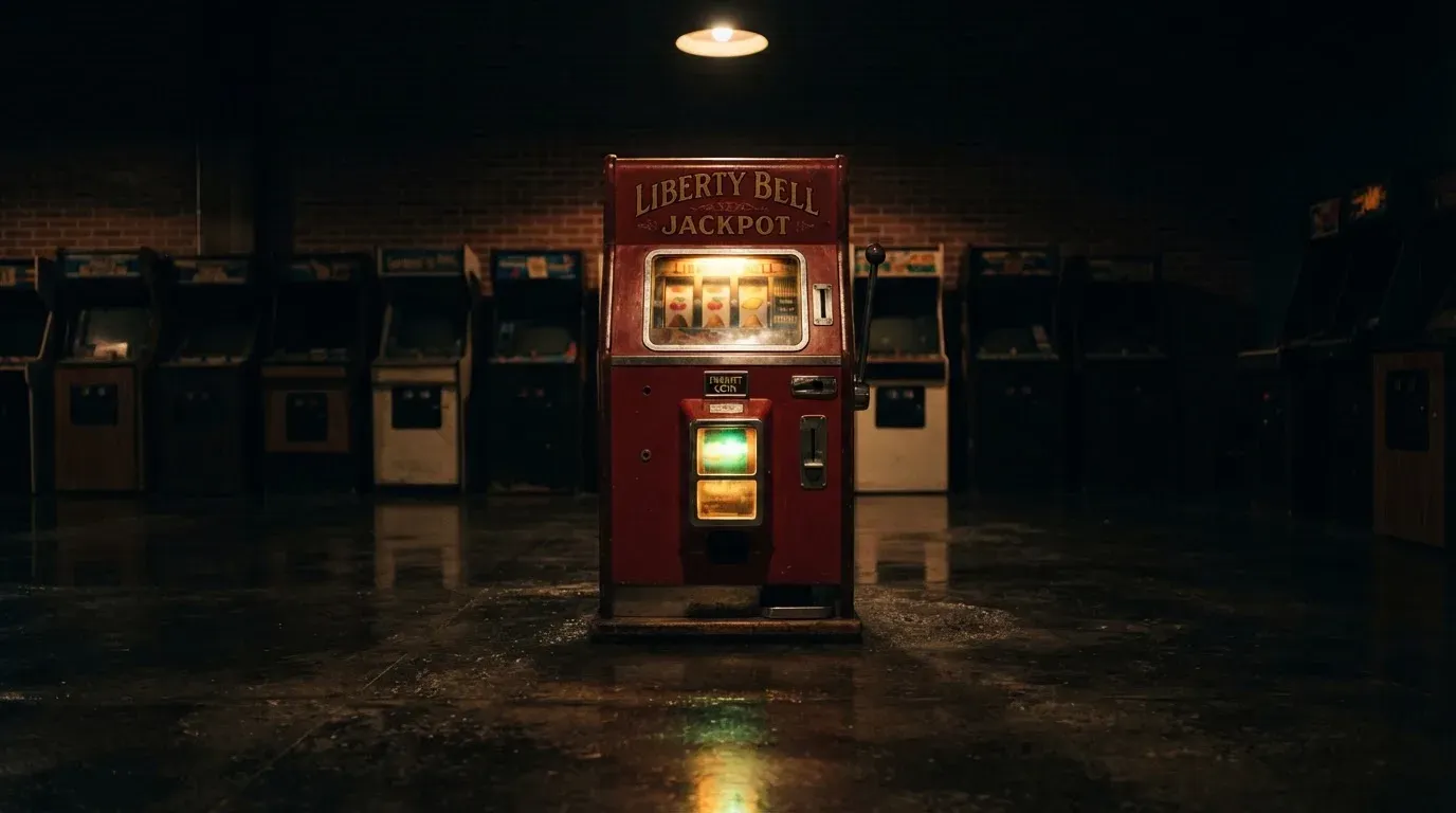 En gammal spelautomat lyser i den dunkla hallen och speglar sig i golvet — kampanjer på casinon i sverige