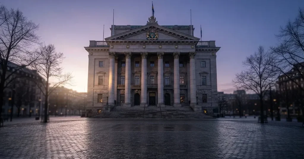 Stenfasad på en statlig byggnad i Stockholm vid gryning, höga pelare och ett tomt torg framför — kasinon utan licens i sverige