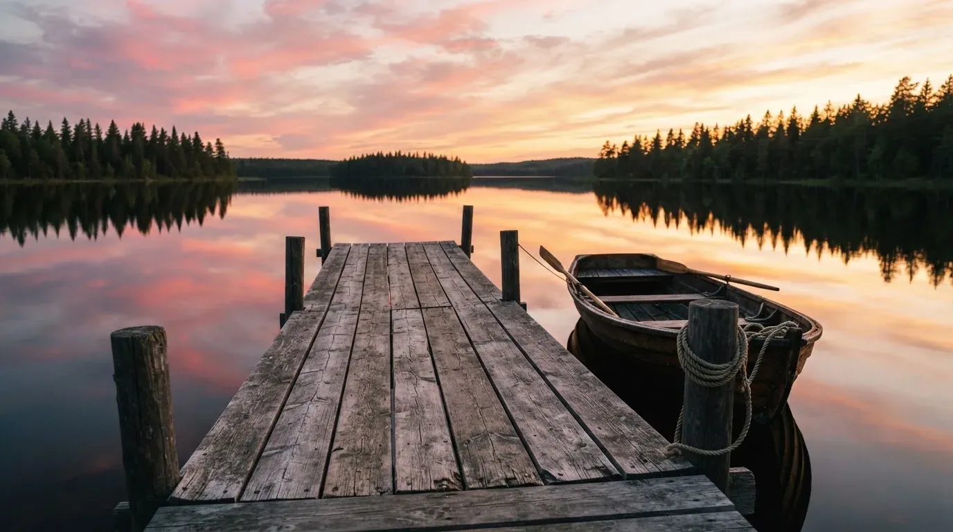 En brygga vid en stilla sjö i solnedgång, roddbåten förtöjd och molnen speglas i vattnet — kasinospel i sverige