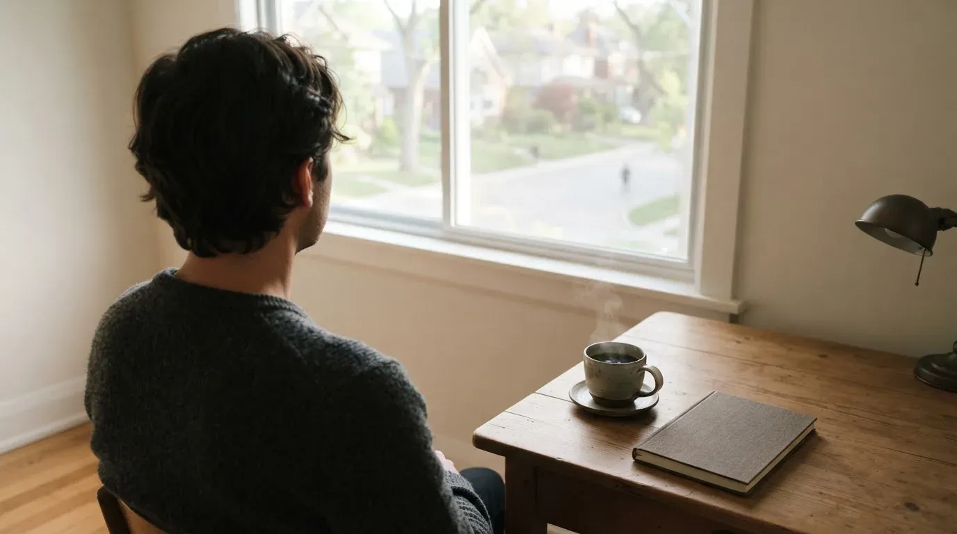 En person sitter vid ett skrivbord hemma med en kopp kaffe och tittar ut genom fönstret i mjukt morgonljus.