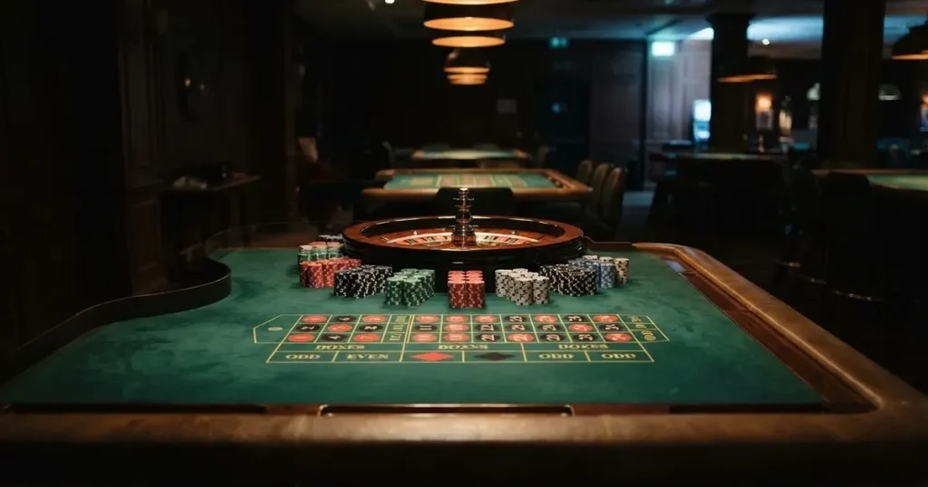 Ett halvmåneformat kortbord i en tyst sal, spelmarker framför varje plats och mjukt takljus — lightning roulette i sverige