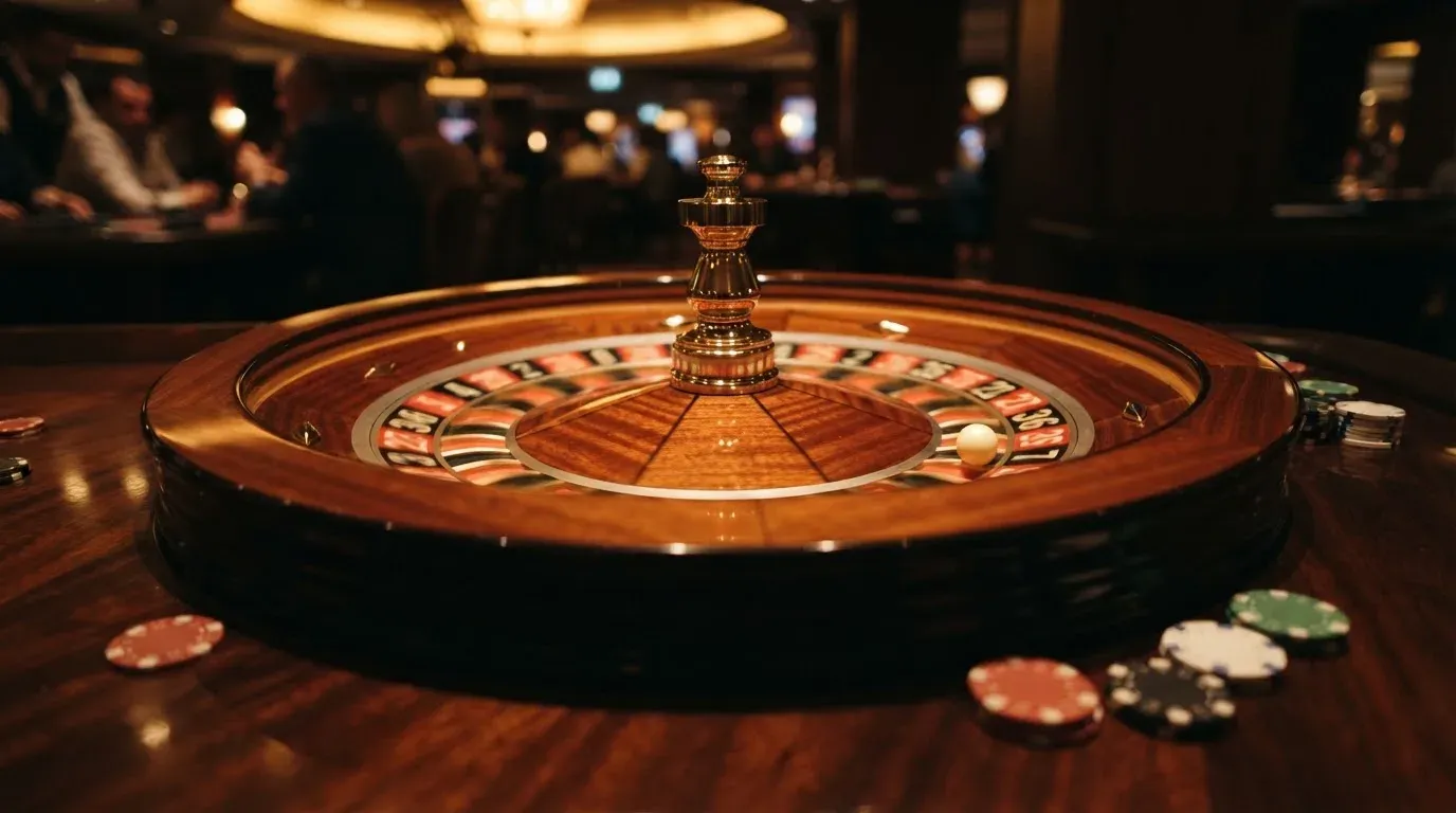 Ett roulettehjul snurrar på ett blankt träbord, den vita kulan glimmar i takljusets guld — live blackjack i sverige