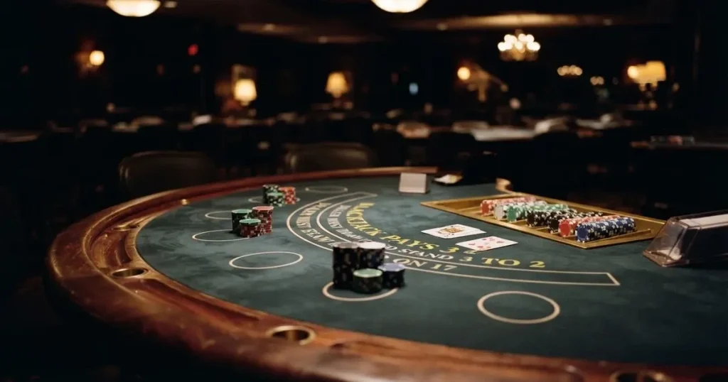 Ett halvmåneformat kortbord i en tyst sal, spelmarker framför varje plats och mjukt takljus — live blackjack i sverige