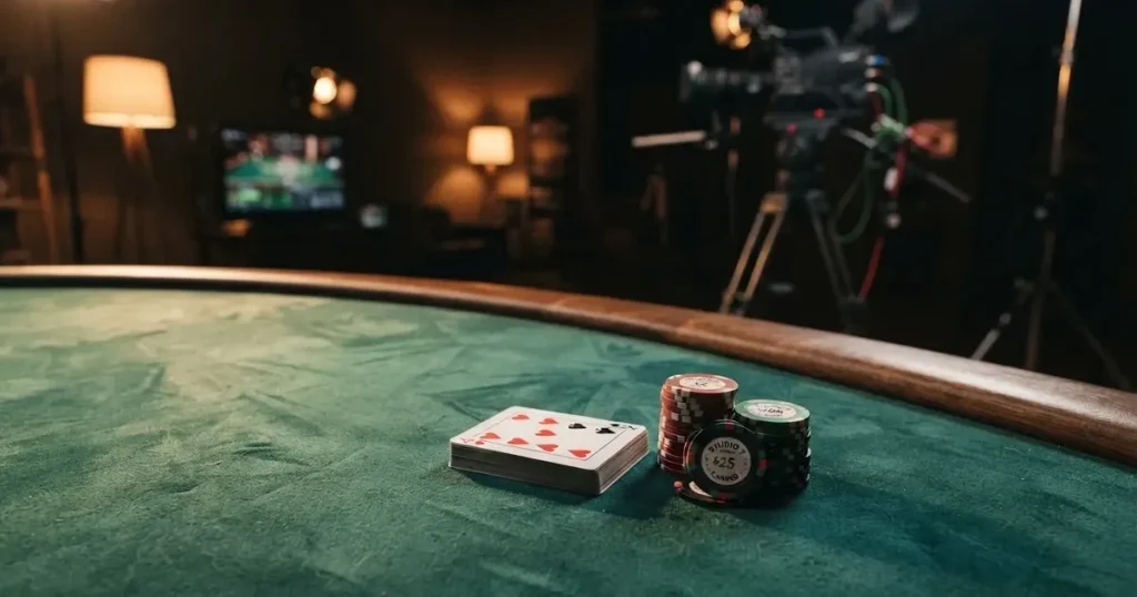 En studiomiljö med ett grönt spelbord, kortlekar och marker uppradade, fotograferad i halvskugga utan synliga personer i förgrunden.