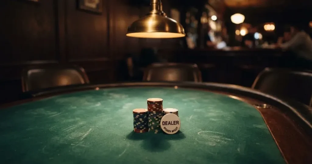 Ett ovalt pokerbord under en lågt hängande lampa, med spelmarker och en vit bricka i ljuset — live kasino i sverige