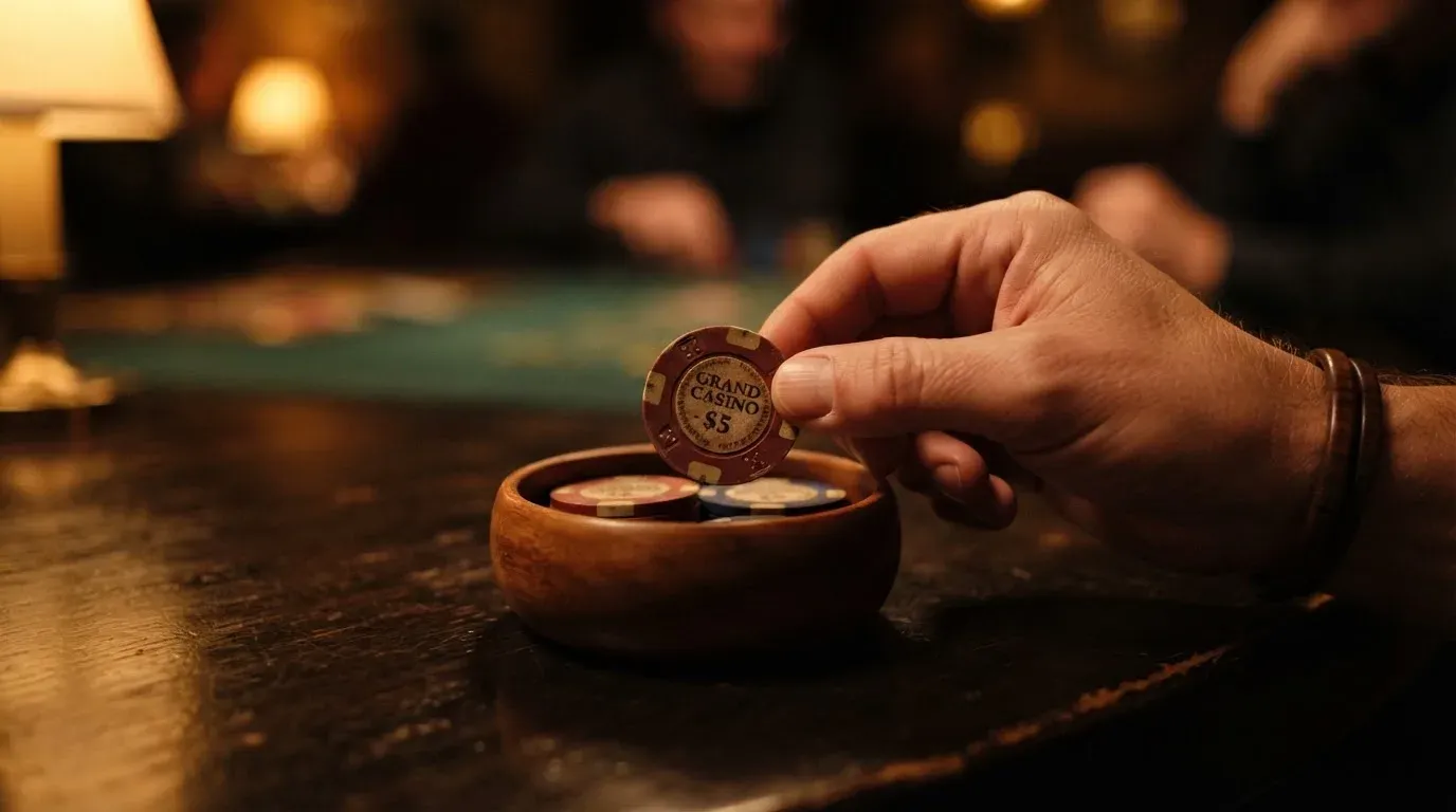 En hand lyfter en spelmark ur en skål, ljuslågan färgar bordet gyllenbrunt — live roulette i sverige
