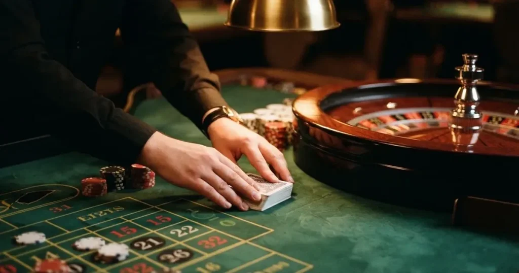 Croupierens händer blandar kort på grönt filt, taklampan speglas i den blanka kortbunten — live roulette i sverige