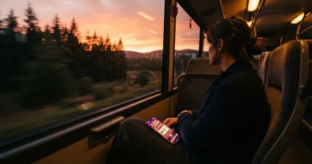 En passagerare vid bussfönstret med en stängd mobil i knät, granar flimrar förbi i solnedgång — mobil kasino i sverige