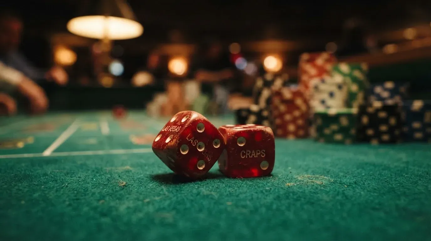 Röda tärningar vilar på grönt filt, bakom dem suddiga torn av spelmarker i kvällsdunklet — nytt casinon i sverige