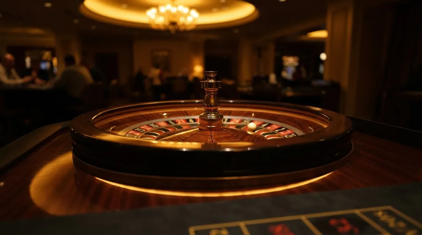 Ett roulettehjul snurrar på ett blankt träbord, den vita kulan glimmar i takljusets guld — online blackjack i sverige