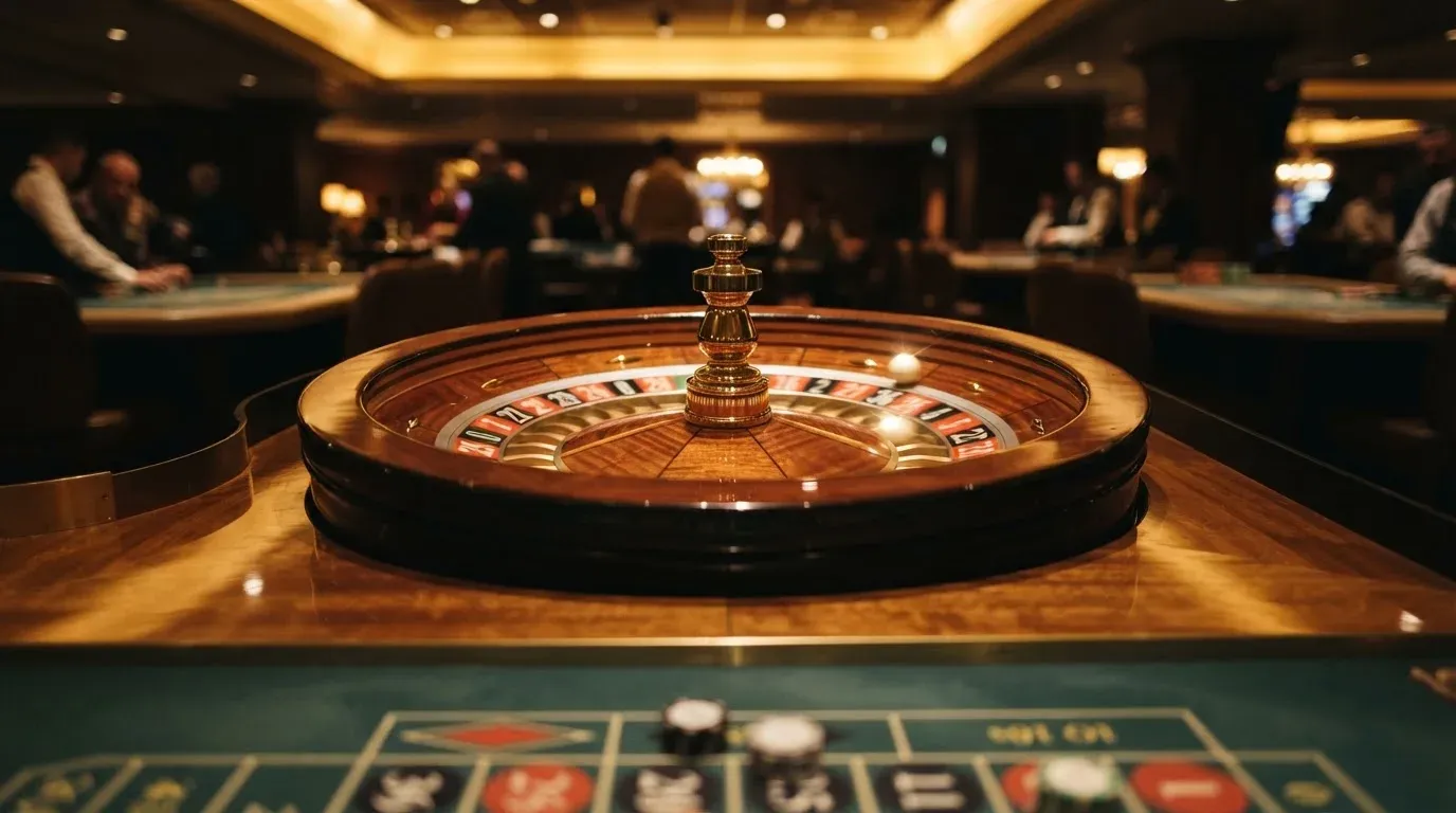 Ett roulettehjul snurrar på ett blankt träbord, den vita kulan glimmar i takljusets guld — online spelautomater i sverige