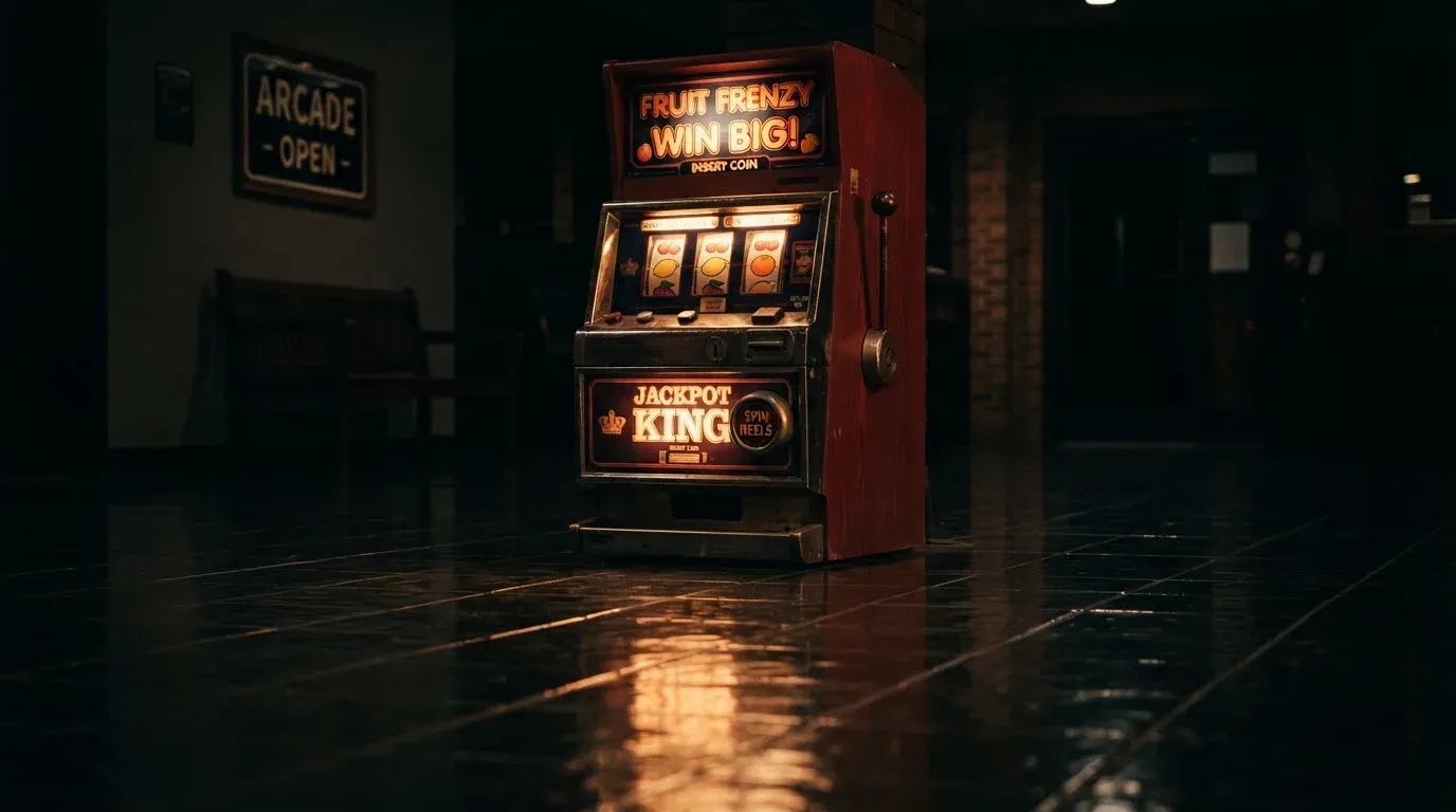 En gammal spelautomat lyser i den dunkla hallen och speglar sig i golvet — populära casinon i sverige