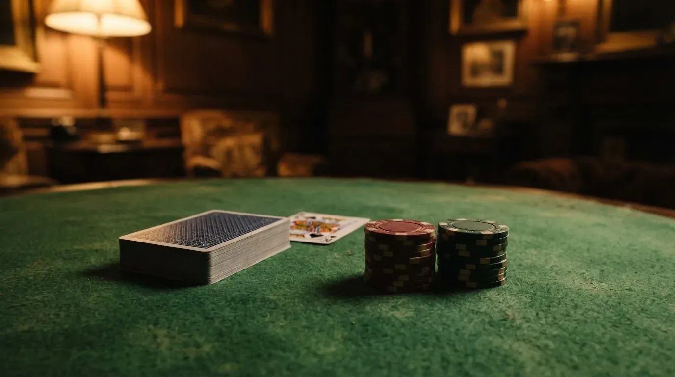 Kortlek och staplar av spelmarker på ett grönt filtbord i en dunkel salong, varmt lampsken — roulette gratis i sverige