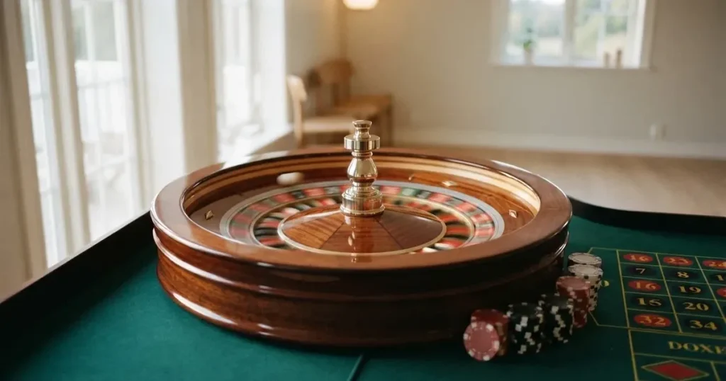 Ett lyckohjul med träpil snurrar i ett ljust rum, de färgglada fälten suddiga av farten — roulette med bonus i sverige