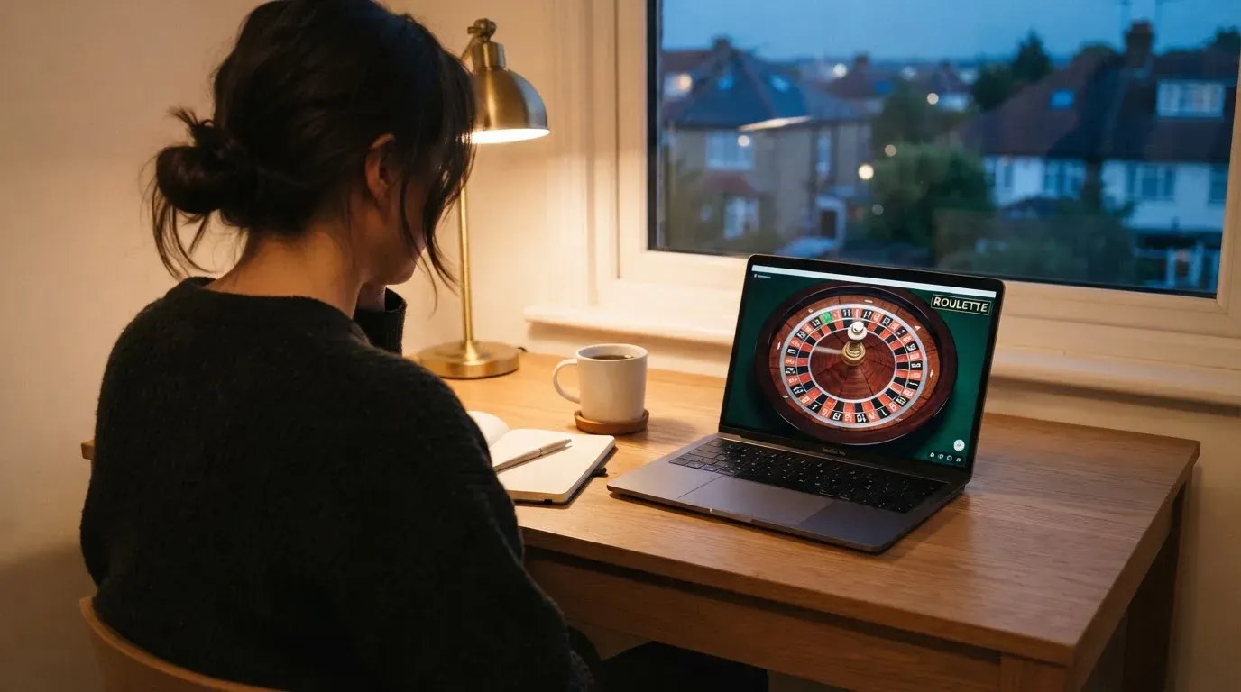 En person sitter vid ett skrivbord hemma med en kopp kaffe och tittar ut genom fönstret medan kvällsljuset faller in mjukt.