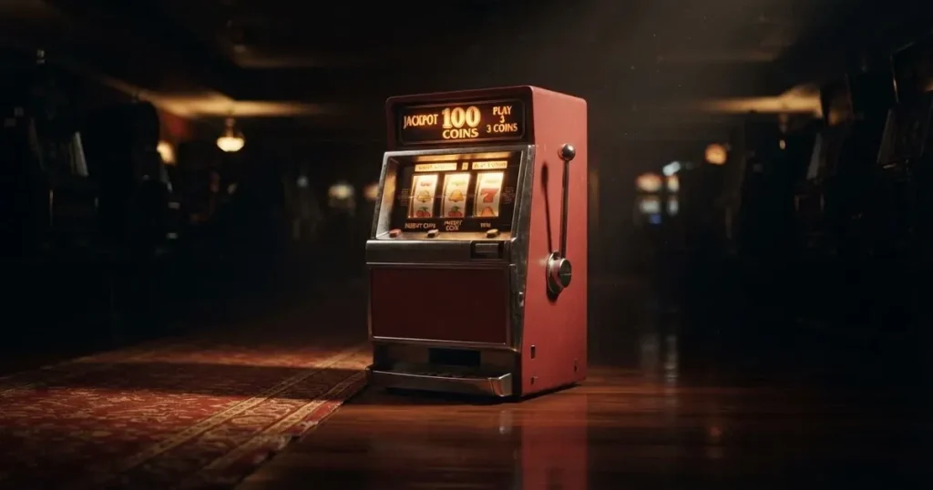 En gammal spelautomat lyser i den dunkla hallen och speglar sig i golvet — säkra casinon i sverige