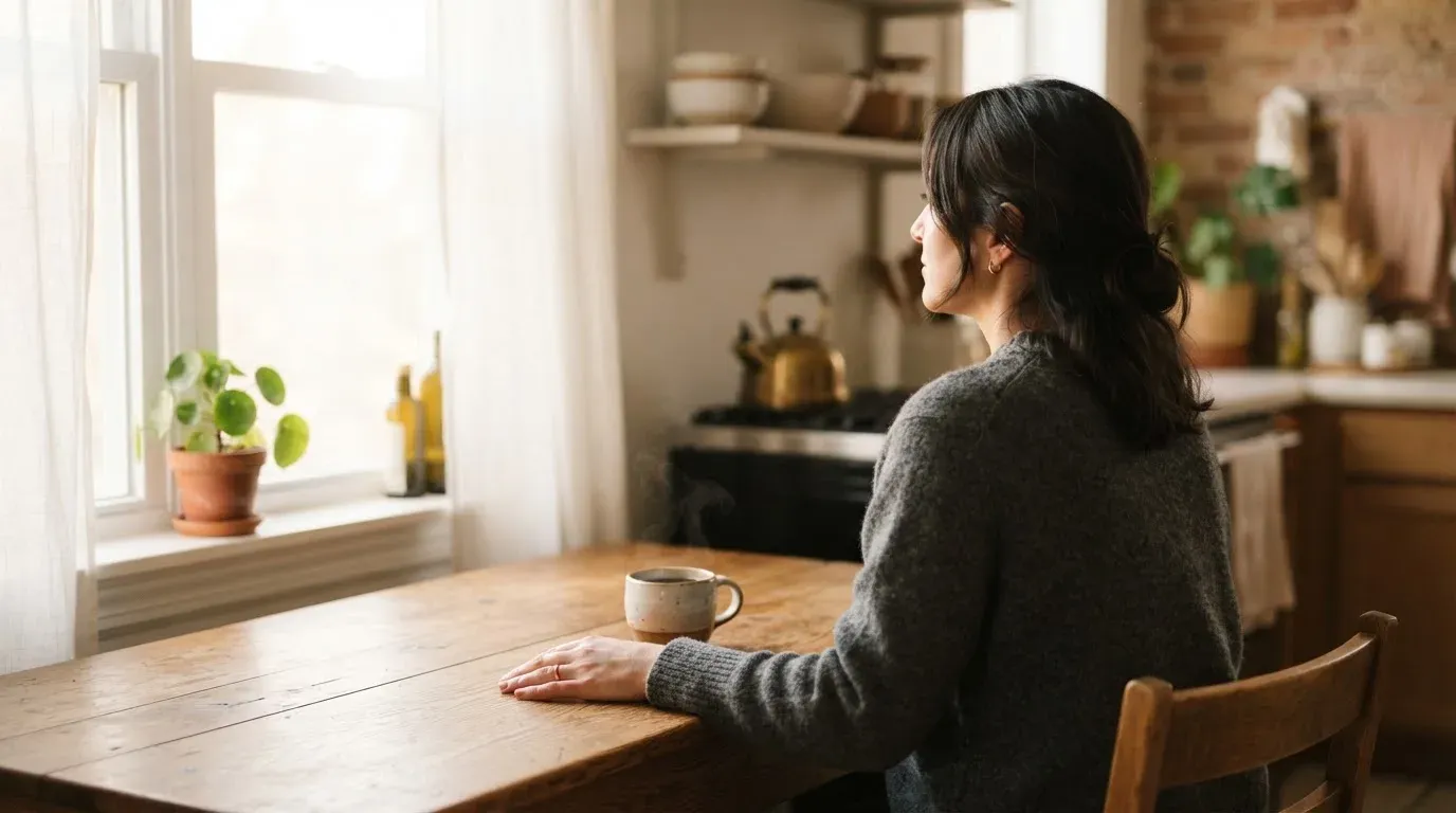 En person sitter vid köksbordet med en kopp kaffe och tittar ut genom fönstret i mjukt morgonljus.