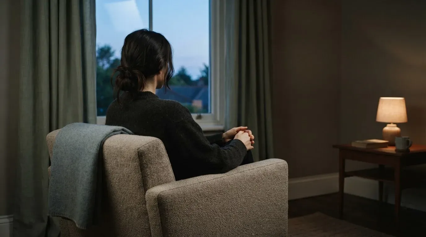 En person sitter ensam i en fåtölj med händerna knäppta och blicken riktad ut genom fönstret en lugn kväll.