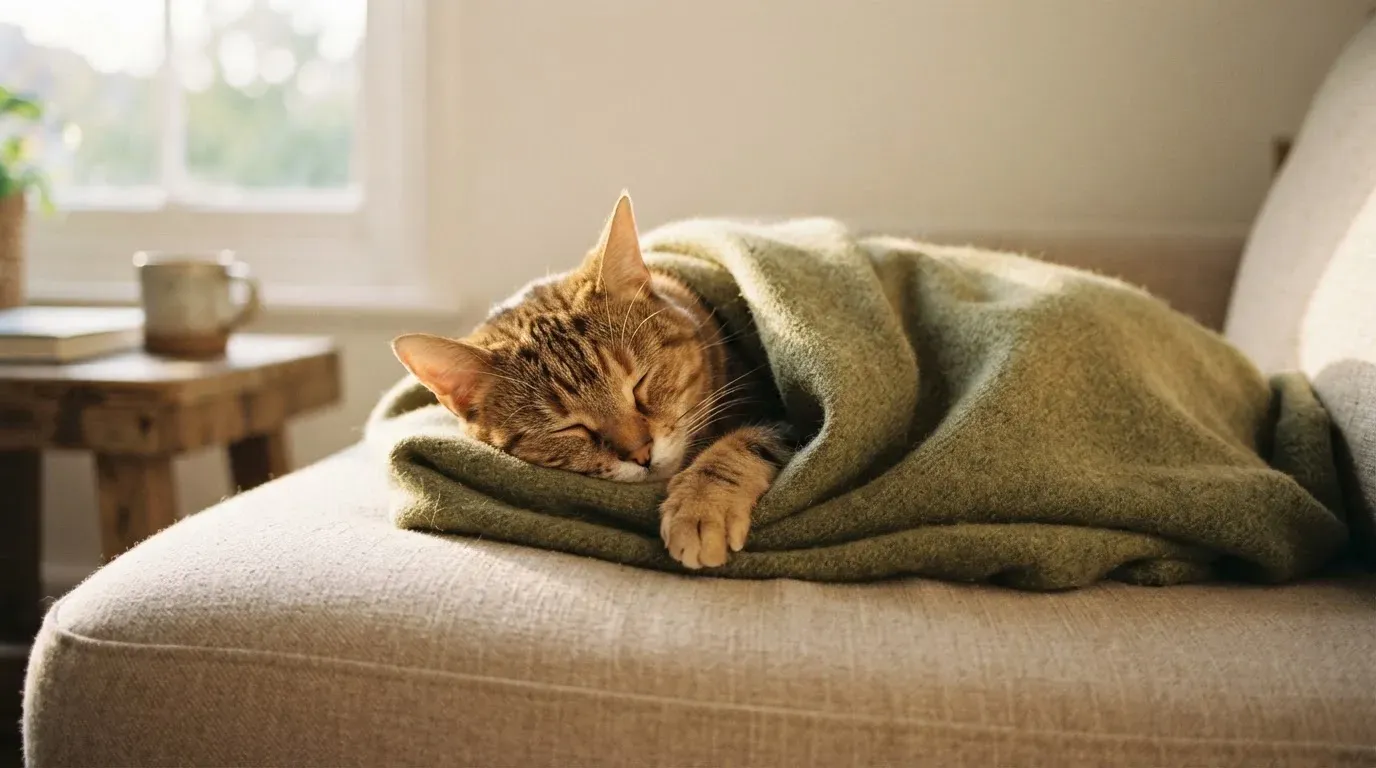 Sovande katt på en soffa under en filt i eftermiddagsljus — live roulette i sverige
