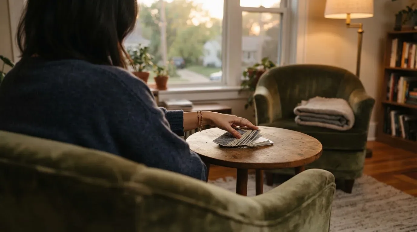 En person sitter hemma i en fåtölj och blandar en kortlek på ett litet bord, med mjukt kvällsljus genom fönstret i bakgrunden.