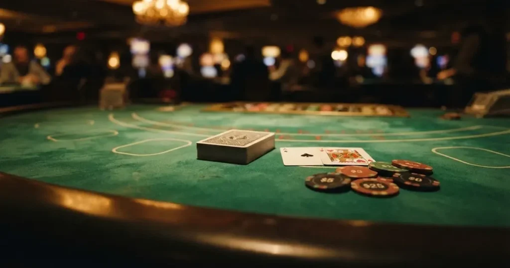 En närbild av ett grönt blackjackbord med kortlek, spelmarker i olika färger och suddiga händer som delar korten i mjukt ljus.