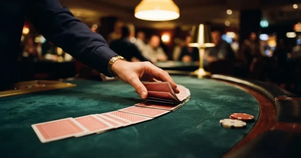 Croupierens händer blandar kort på grönt filt, taklampan speglas i den blanka kortbunten — spela spelautomater i sverige